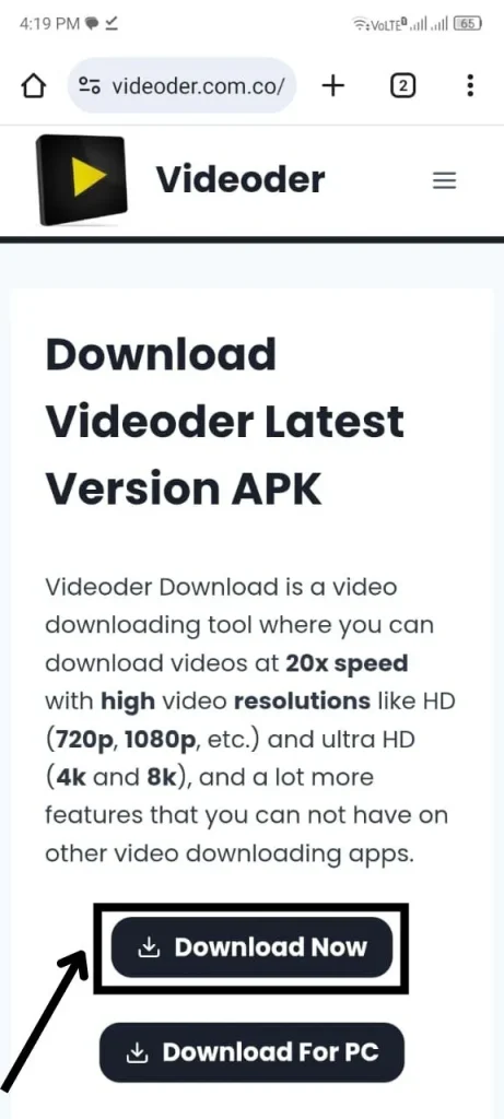 Open Videoder Website On Smartphone